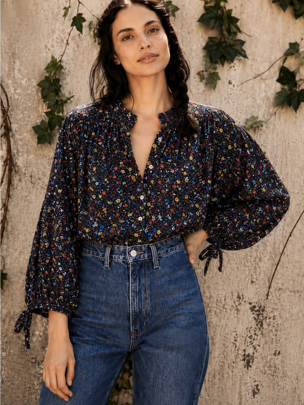 Doen O’Keefe Blouse Black and Wildflower Floral Smocked-Yoke Peasant Blouse S - Picture 2 of 15